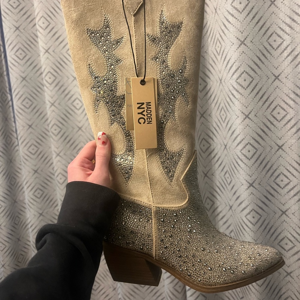 Steve Madden Tan and Silver Embellished Boots
